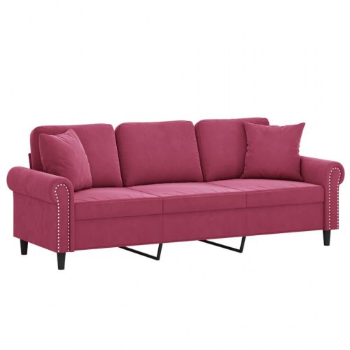 3-personers sofa i velour med pyntepuder - vinrød, sædebredde 180 cm