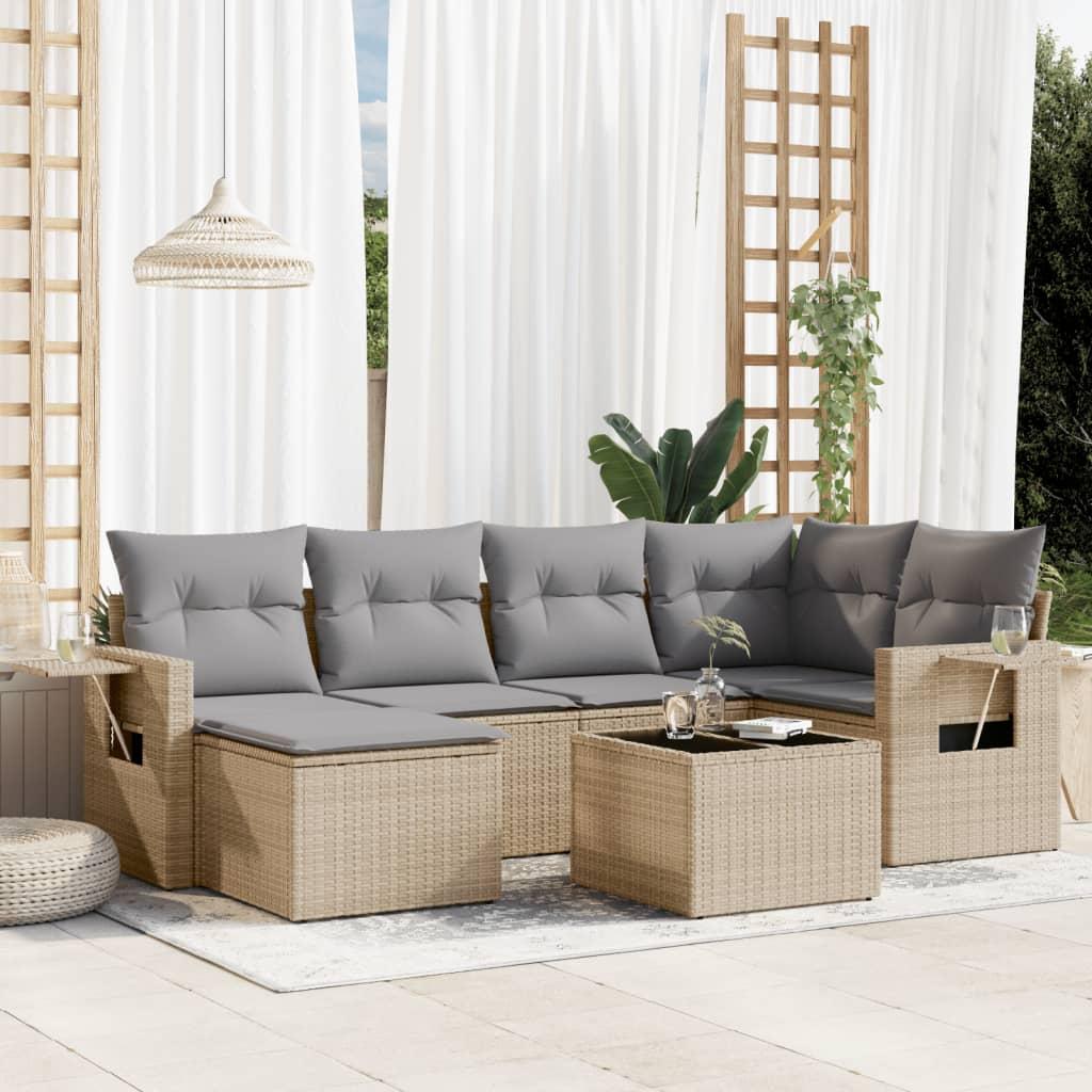 Sofasæt Til Haven 6 Dele Med Hynder Polyrattan Sort - beige og grå / Med bord