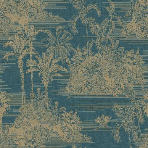 DUTCH WALLCOVERINGS tapet Tropical mørkeblå og guldfarvet