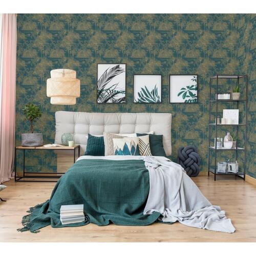 DUTCH WALLCOVERINGS tapet Tropical mørkeblå og guldfarvet