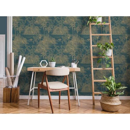 DUTCH WALLCOVERINGS tapet Tropical mørkeblå og guldfarvet