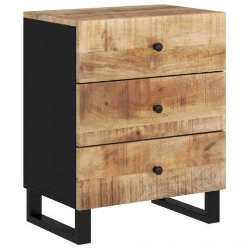 Sengebord 50×33×62 cm i massivt mangotræ og konstrueret træ - 3 skuffer, industrielt design