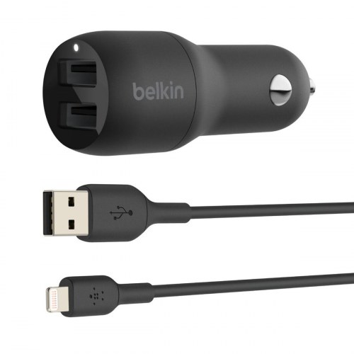 Belkin biloplader 24 W med USB-A og Lightning-kabel - sort