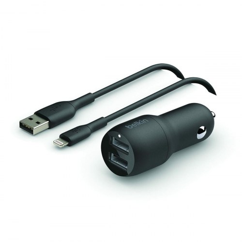Belkin biloplader 24 W med USB-A og Lightning-kabel - sort
