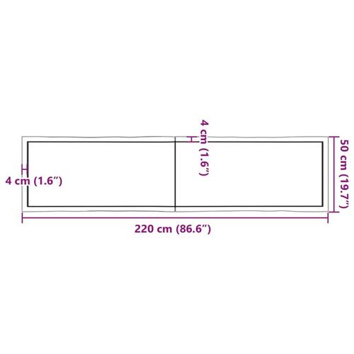 Bordplade 220x50x(2-6)cm naturlig kant ubehandlet massivt træ