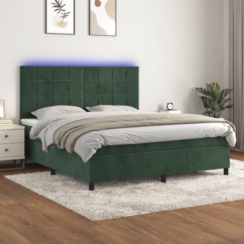 Kontinentalseng med LED-lys 160×200 cm - fløjl, mørkegrøn