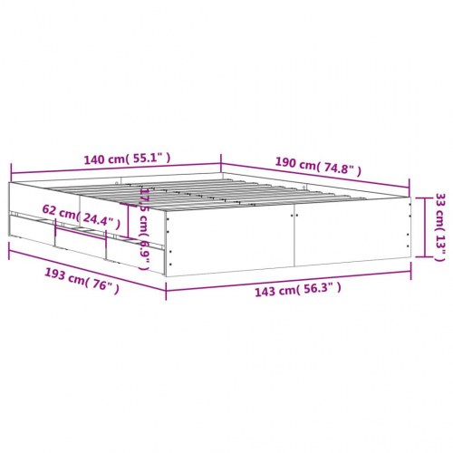 Sengeramme med 6 skuffer 140x190 cm i konstrueret træ sonoma-eg