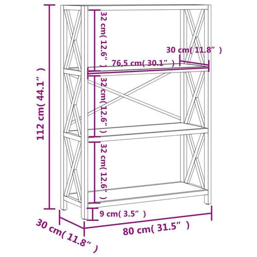 Reol med 4 hylder 80x30x112 cm massivt egetræ