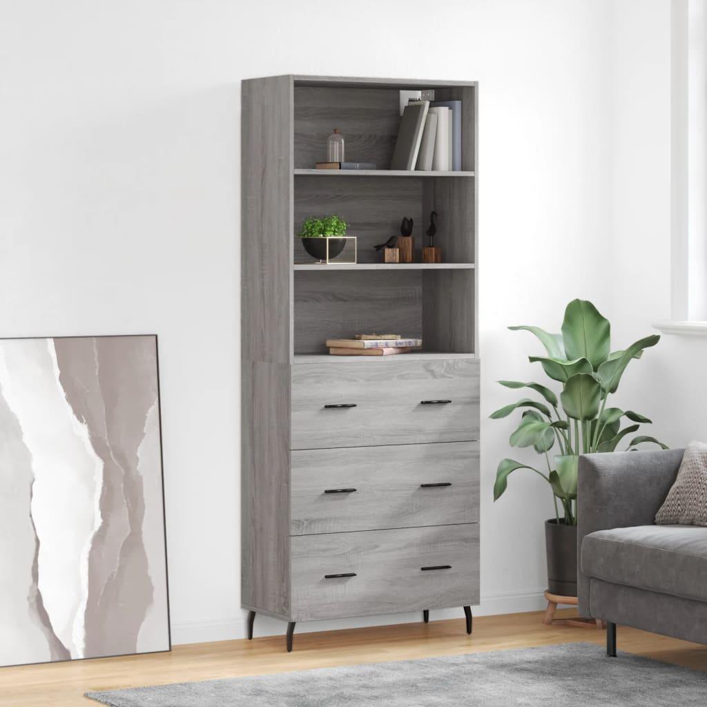 Højskab 69,5X34X180 Cm Konstrueret Træ - Grå sonoma-eg / 3 skuffer