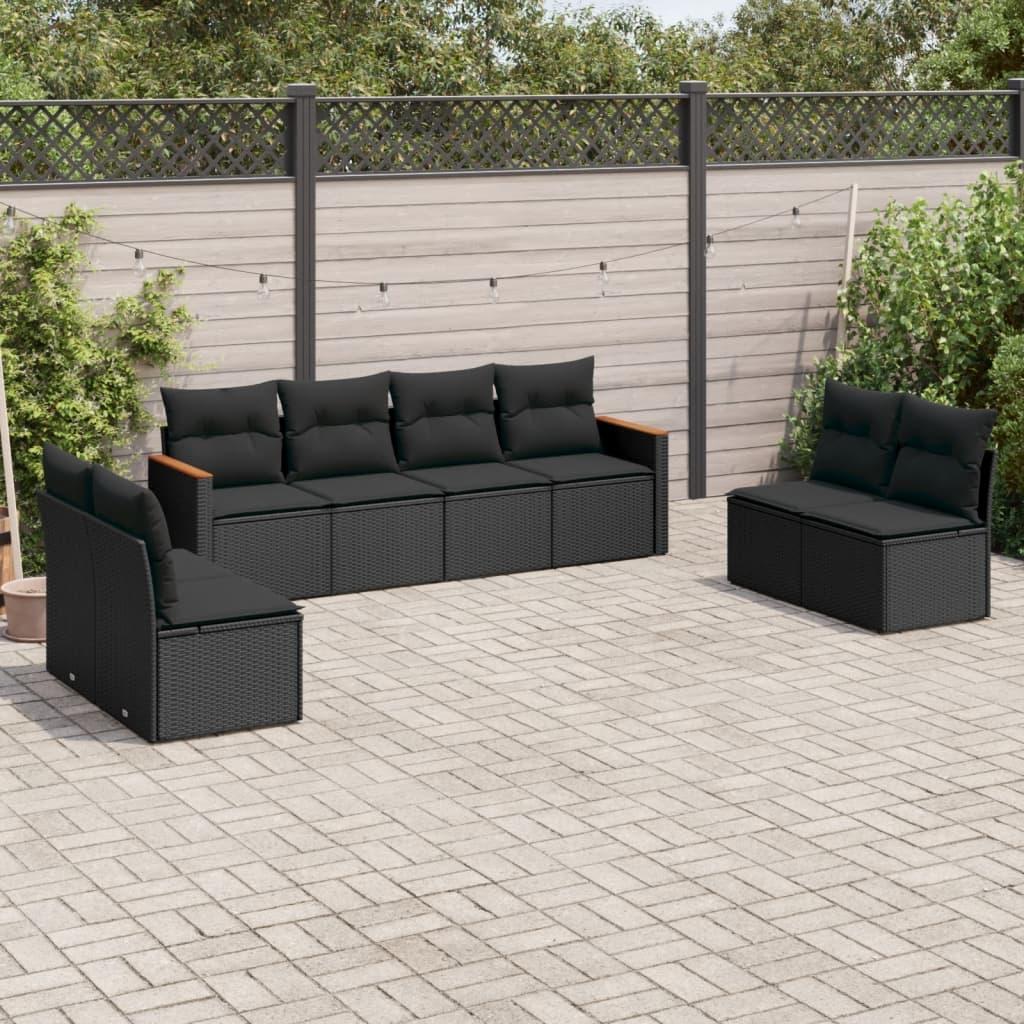 Sofasæt til haven 8 dele med hynder og opbevaring i polyrattan sort