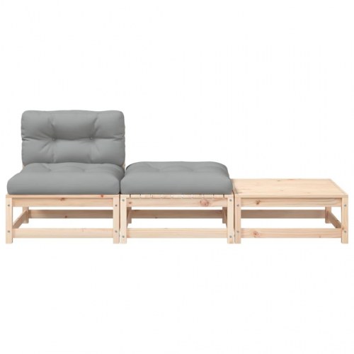 Sofa i massivt fyr med hynder og 2 fodskamler - modulært loungesæt uden armlæn, grå
