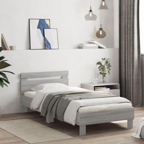 Sengeramme med sengegavl og LED-lys 90×190 cm - grå sonoma-eg