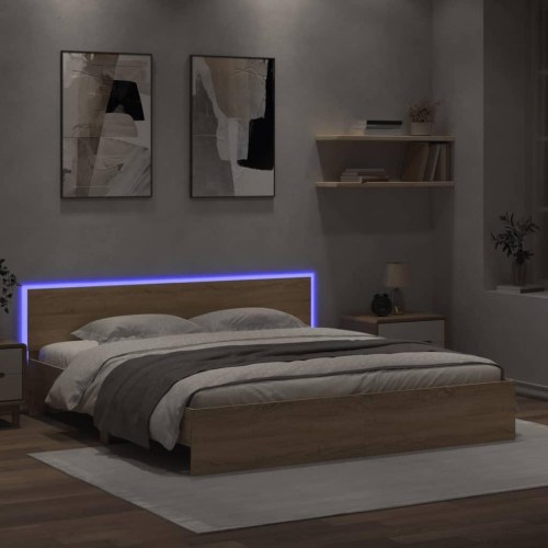 Sengeramme med sengegavl og LED-lys 180 x 200 cm - sonoma-eg