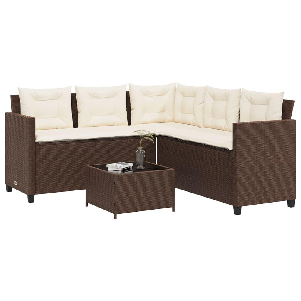 Havesofa Med Bord Og Hynder L-Formet Polyrattan Beige - Brun / Glas
