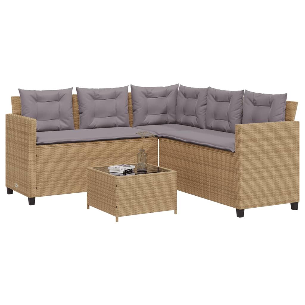 Havesofa Med Bord Og Hynder L-Formet Polyrattan Beige - beige og grå / Glas