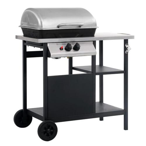 Gasgrill med 3-lags sidebord sort og sølvfarvet