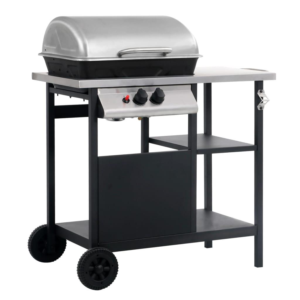 Gasgrill med 3-lags sidebord sort og sølvfarvet