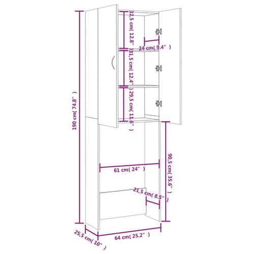 Skab til vaskemaskine 64x25,5x190 cm hvid højglans