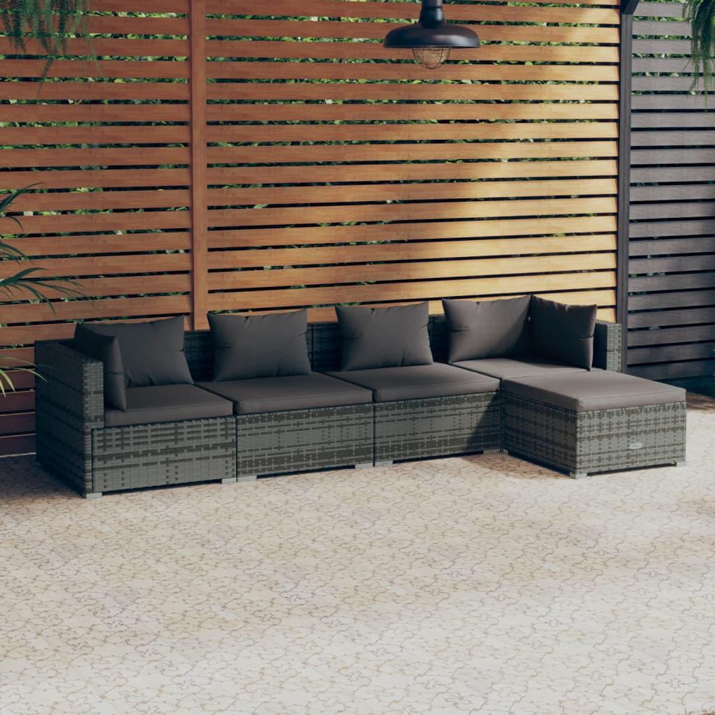 Loungesæt til haven 5 dele med hynder polyrattan grå