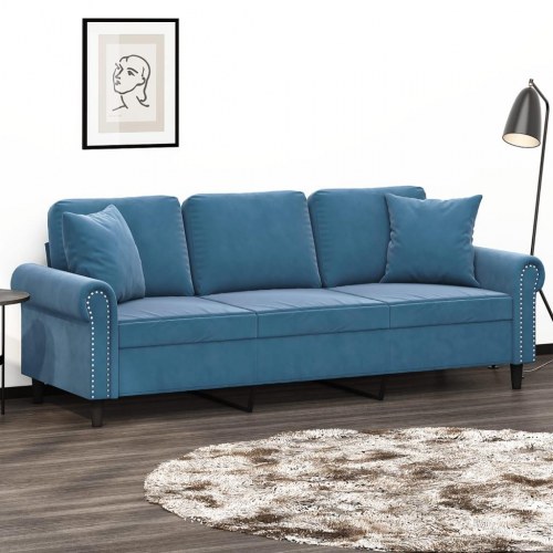 3-personers sofa i velour med pyntepuder - blå, sædebredde 180 cm