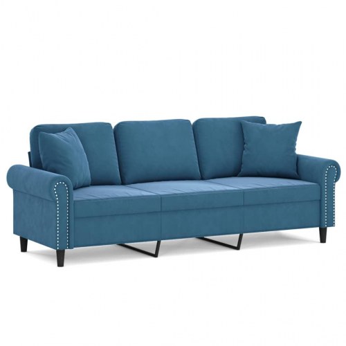 3-personers sofa i velour med pyntepuder - blå, sædebredde 180 cm