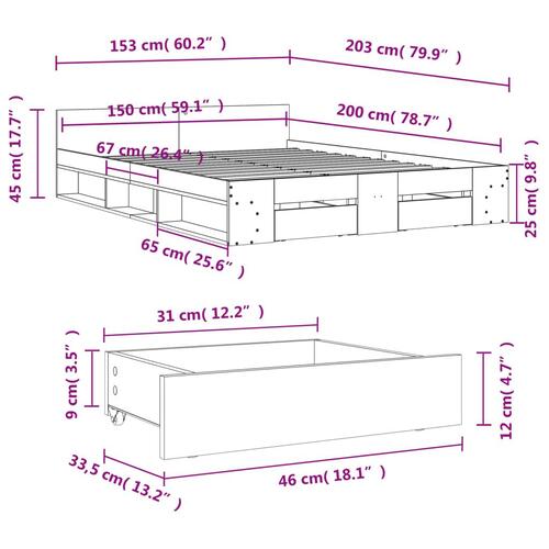 Sengeramme med skuffer 150x200 cm konstrueret træ betongrå