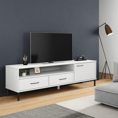 Tv-bord med metalben OSLO massivt fyrretræ hvid