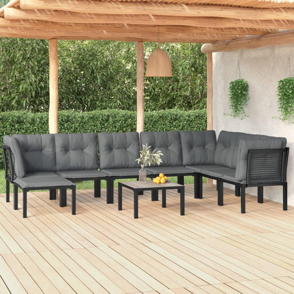 Loungesæt til haven i polyrattan - 9 dele, sort med grå hynder