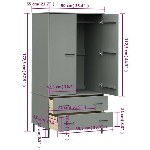 Klædeskab med metalben OSLO 90x55x172,5 cm massivt træ grå