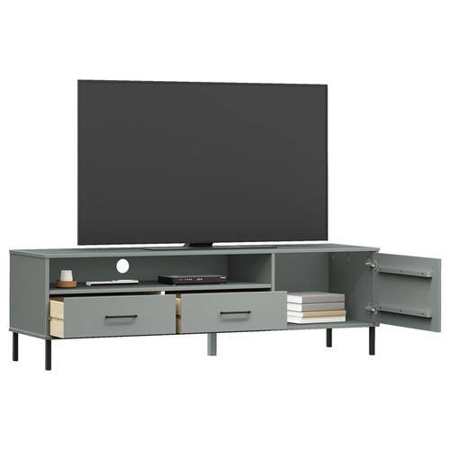 Tv-bord med metalben OSLO massivt fyrretræ grå