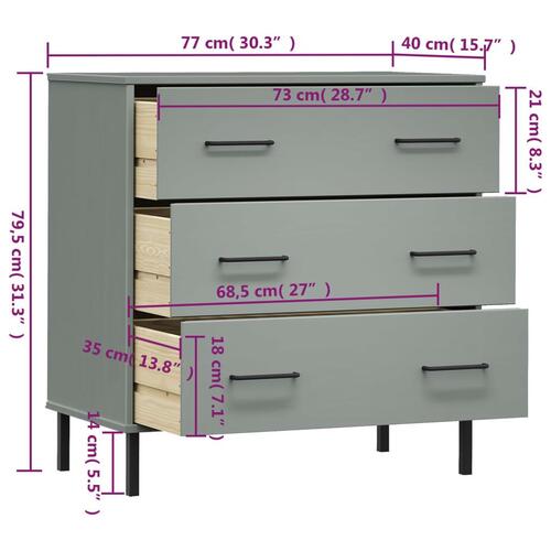 Skænk med 3 skuffer OSLO 77x40x79,5 cm massivt træ grå