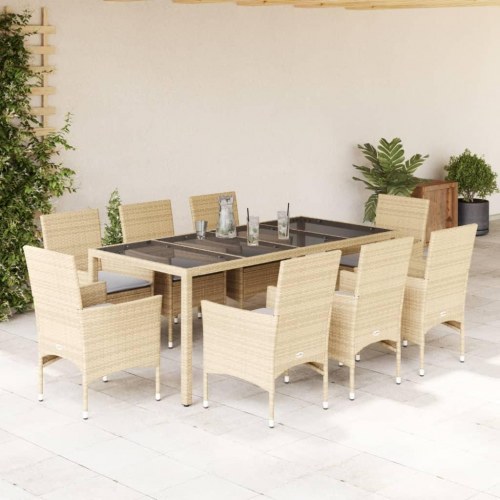 Spisebordssæt til haven - 9 dele i beige polyrattan med glasbord og hynder