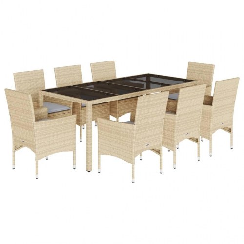 Spisebordssæt til haven - 9 dele i beige polyrattan med glasbord og hynder