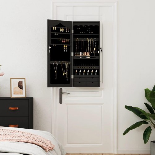 Væghængt smykkeskab med spejl 37,5x10x90 cm sort