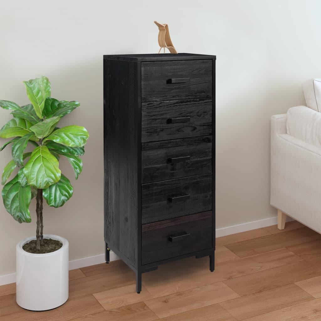 Kommode i massivt fyrretræ med 5 skuffer 42 x 35 x 110 cm - sort