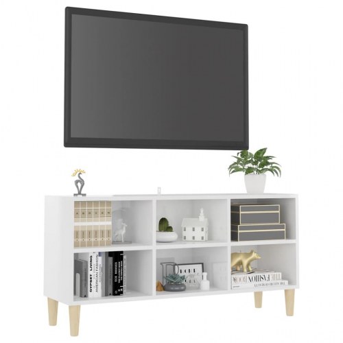 Tv-skab med massive træben 103,5x30x50 cm hvid højglans