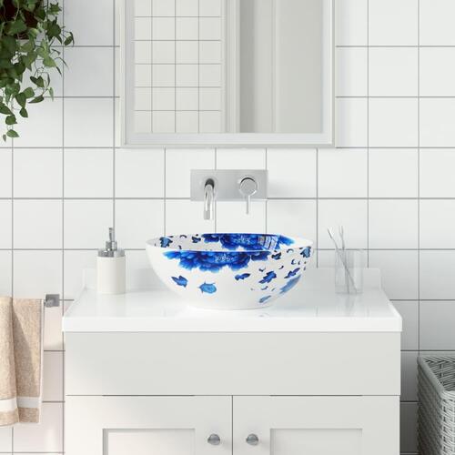 Håndvask til bordplade Φ41x14 cm rund keramik hvid og blå