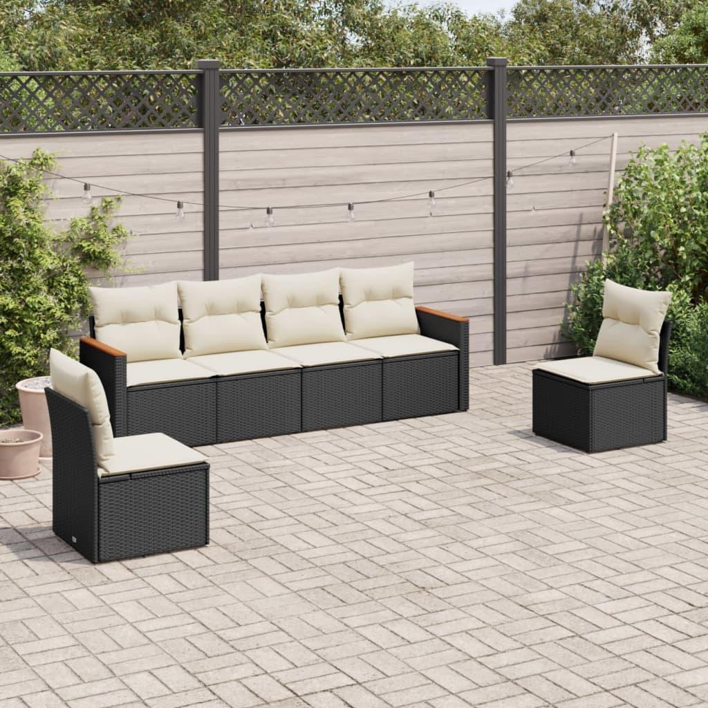 Sofasæt Til Haven 6 Dele Med Hynder Polyrattan - Sort og cremefarvet / Uden bord