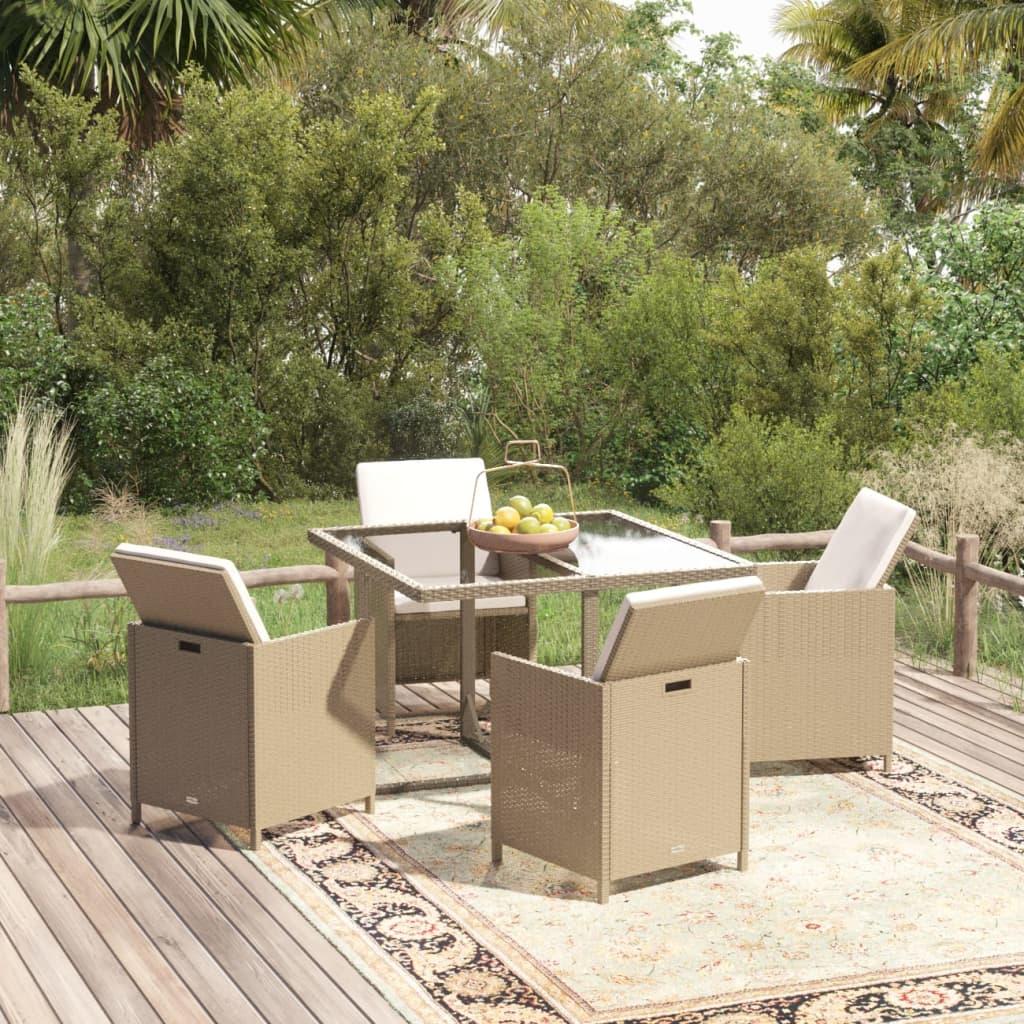 Spisebordssæt Til Haven 5 Dele Med Hynder Polyrattan Beige