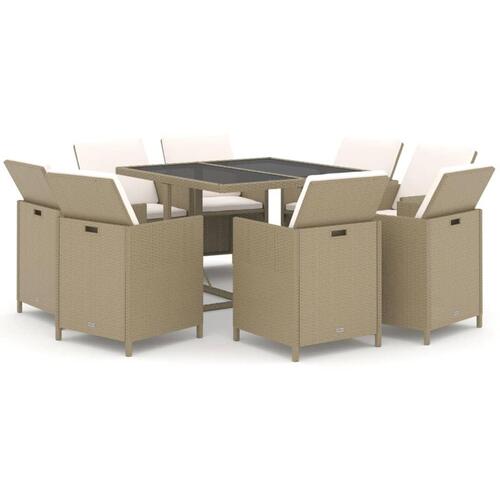 Spisebordssæt til haven 9 dele med hynder polyrattan beige