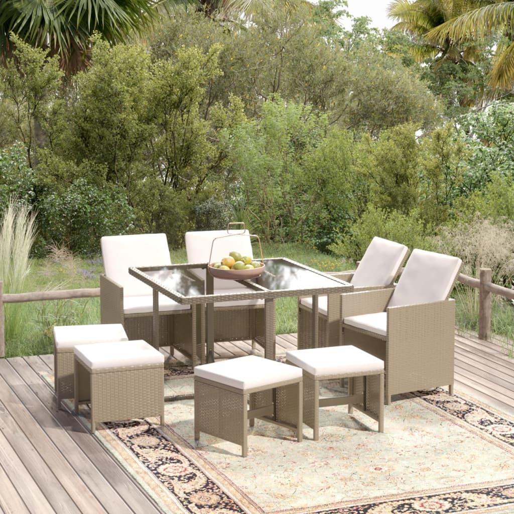 Spisebordssæt til haven 9 dele med hynder polyrattan beige