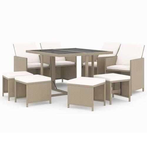 Spisebordssæt til haven 9 dele med hynder polyrattan beige