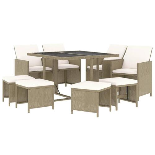 Spisebordssæt til haven 9 dele med hynder polyrattan beige