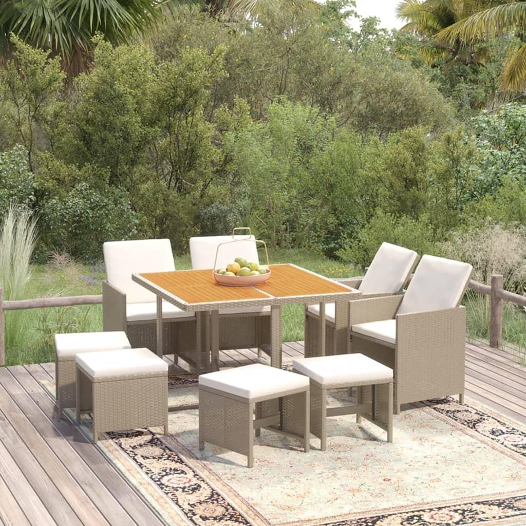 Spisebordssæt til haven 9 dele med hynder polyrattan beige