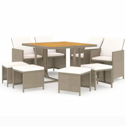 Spisebordssæt til haven 9 dele med hynder polyrattan beige