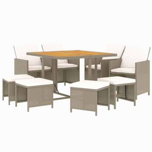 Spisebordssæt til haven 9 dele med hynder polyrattan beige