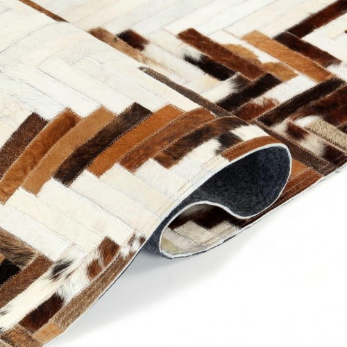 Patchworktæppe ægte læder med hår 160 x 230 cm hvid/brun
