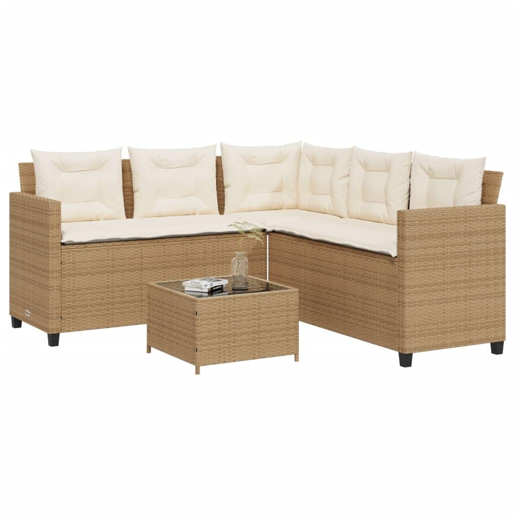 Havesofa Med Bord Og Hynder L-Formet Polyrattan Beige - beige og cremefarvet / Glas