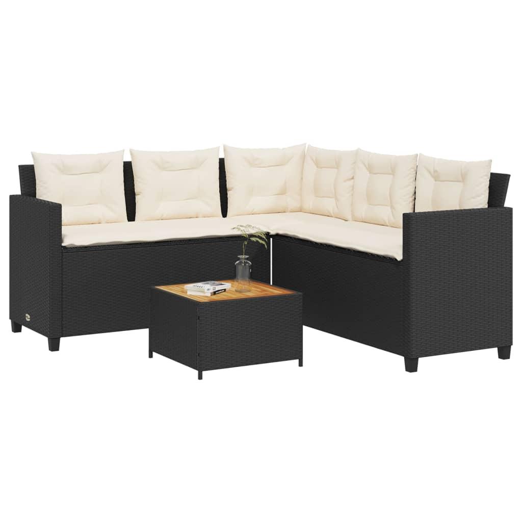 Havesofa Med Bord Og Hynder L-Formet Polyrattan Beige - Sort / træ