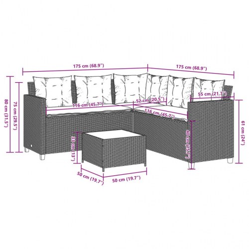 Havesofa med bord og hynder - L-formet polyrattan, sort